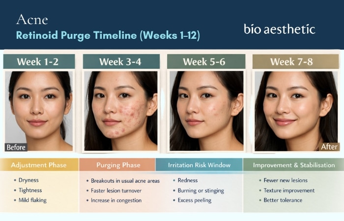 Retinoid purge timeline chart showing weeks 1 to 12 with purging, irritation and improvement phases